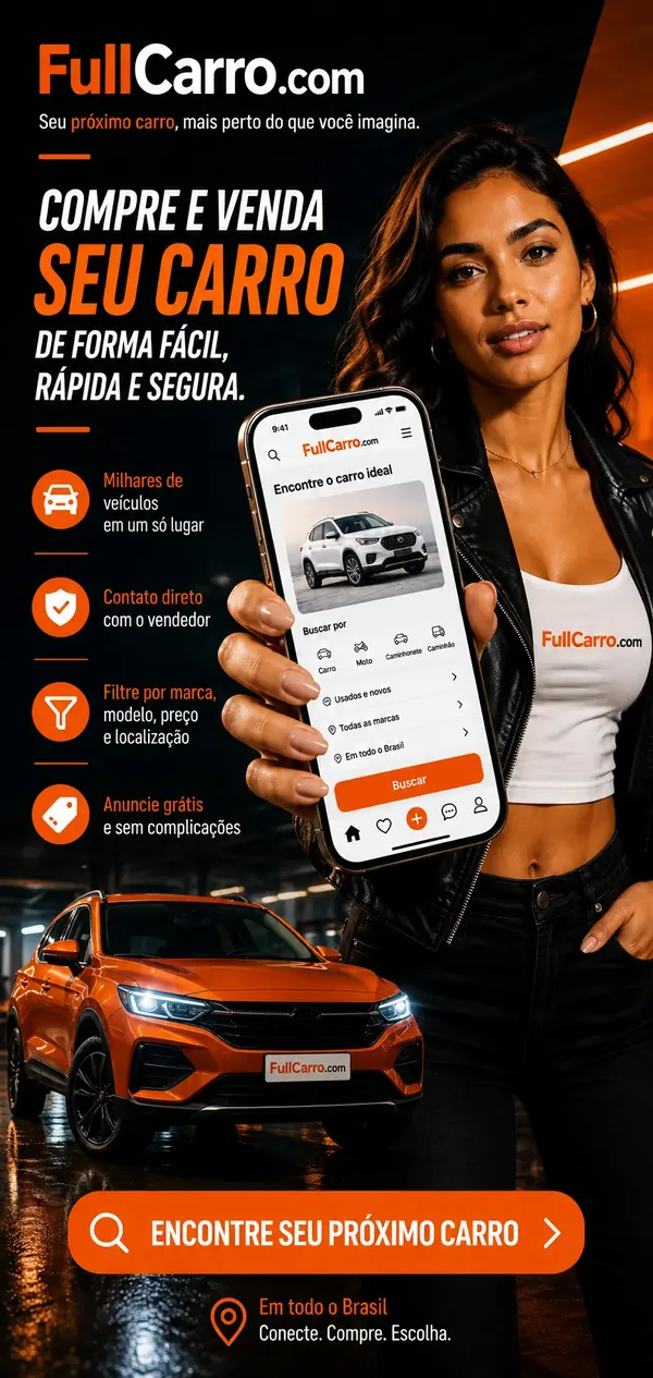 Mulher mostra no celular o buscador do FullCarro.com; anúncio de que ali é possível comprar e vender seu carro de forma fácil, rápida e segura