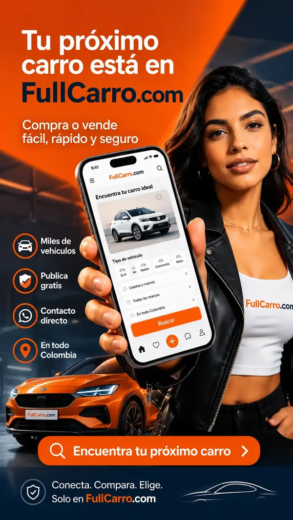 Mujer muestra en su celular el buscador de FullCarro.com; anuncia que tu próximo carro está en FullCarro.com, compra o vende fácil, rápido y seguro