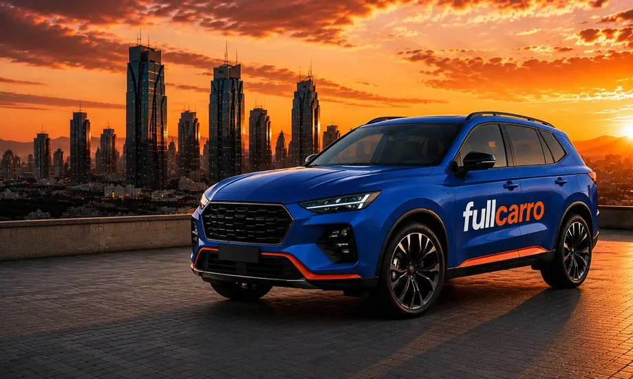 Camioneta SUV azul de Fullcarro en una azotea frente al horizonte de la ciudad al atardecer, con el logo Fullcarro en la puerta